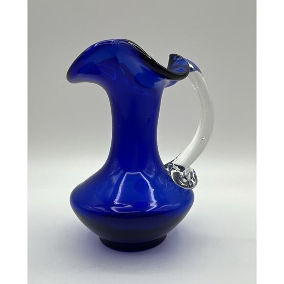 Vintage Cobalt Blue Hand Blown Glass Wavy Crimp Edge 5” Pitcher w Applied Handle - Picture 1 of 7